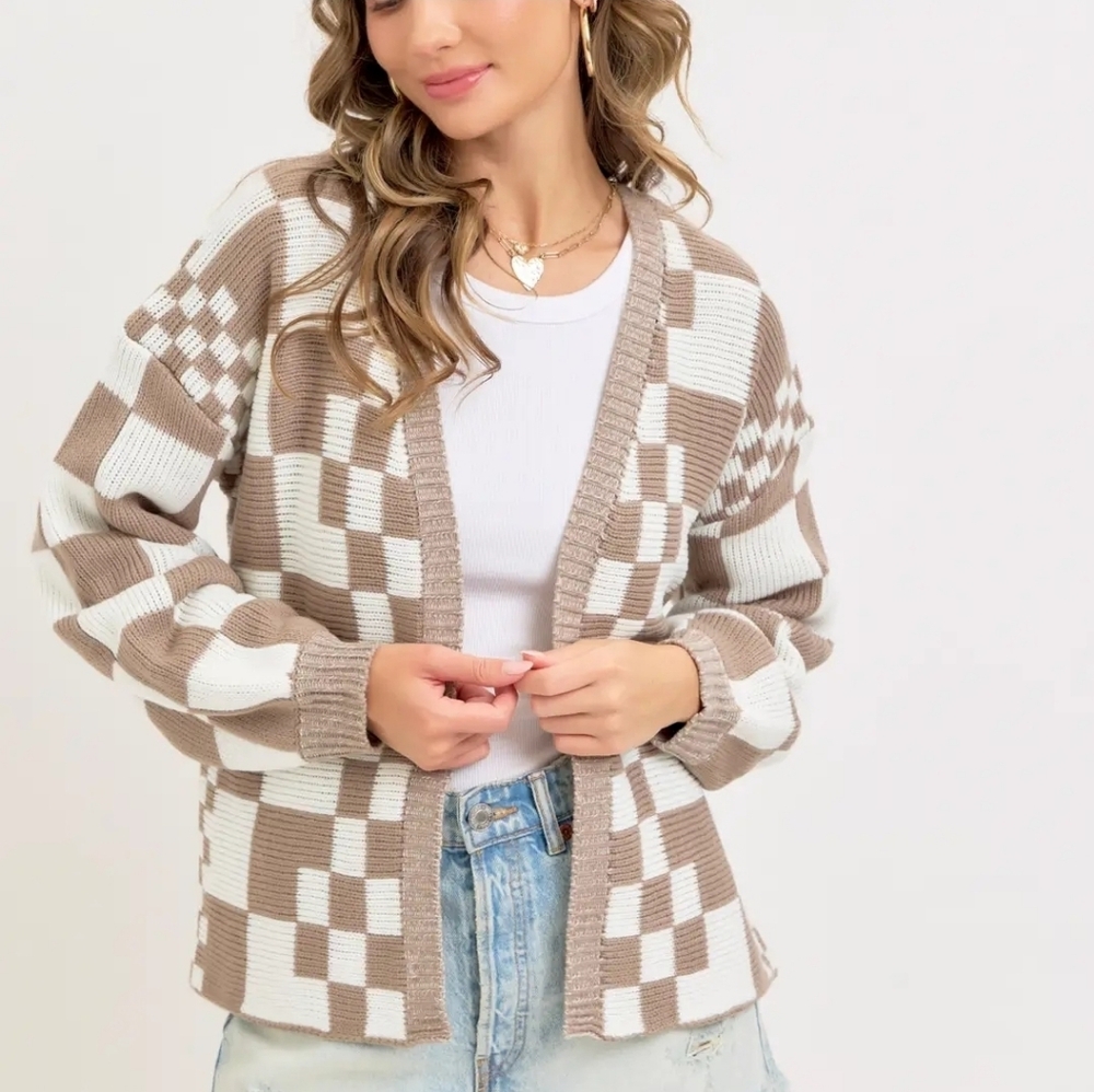 Mixed Checkered Knit Open Front Cardigan - Picture 2 of 6